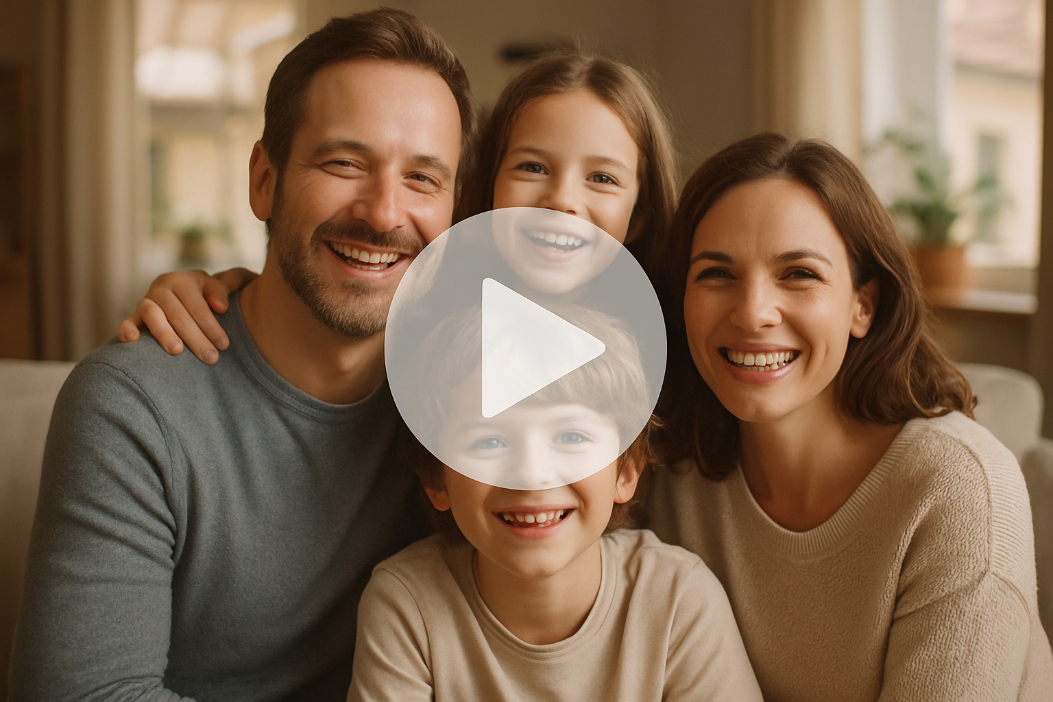 a family photo with play bouton in midlle of photo