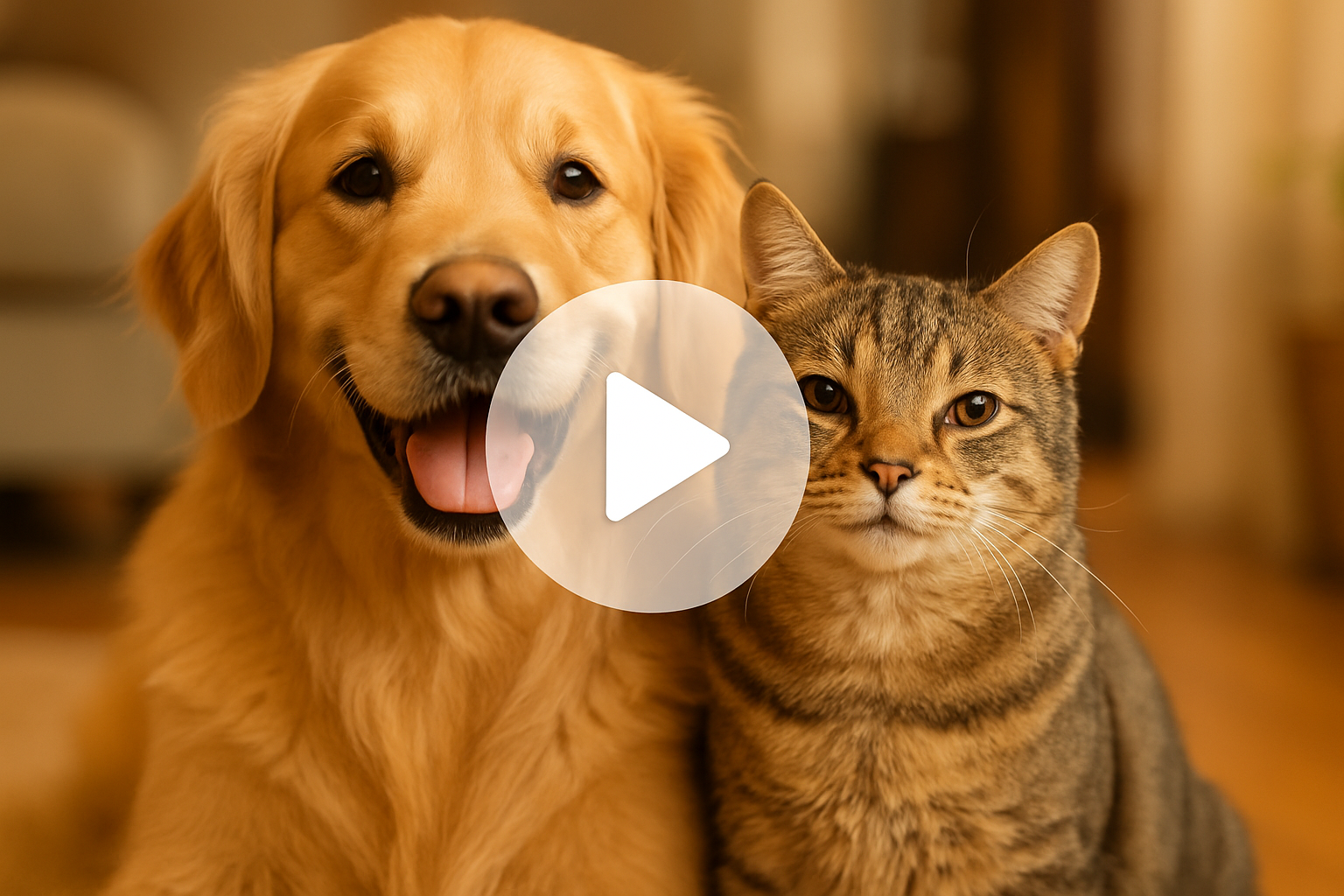 dog and cat photo with play button