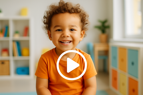 photo of a child with play button inside 